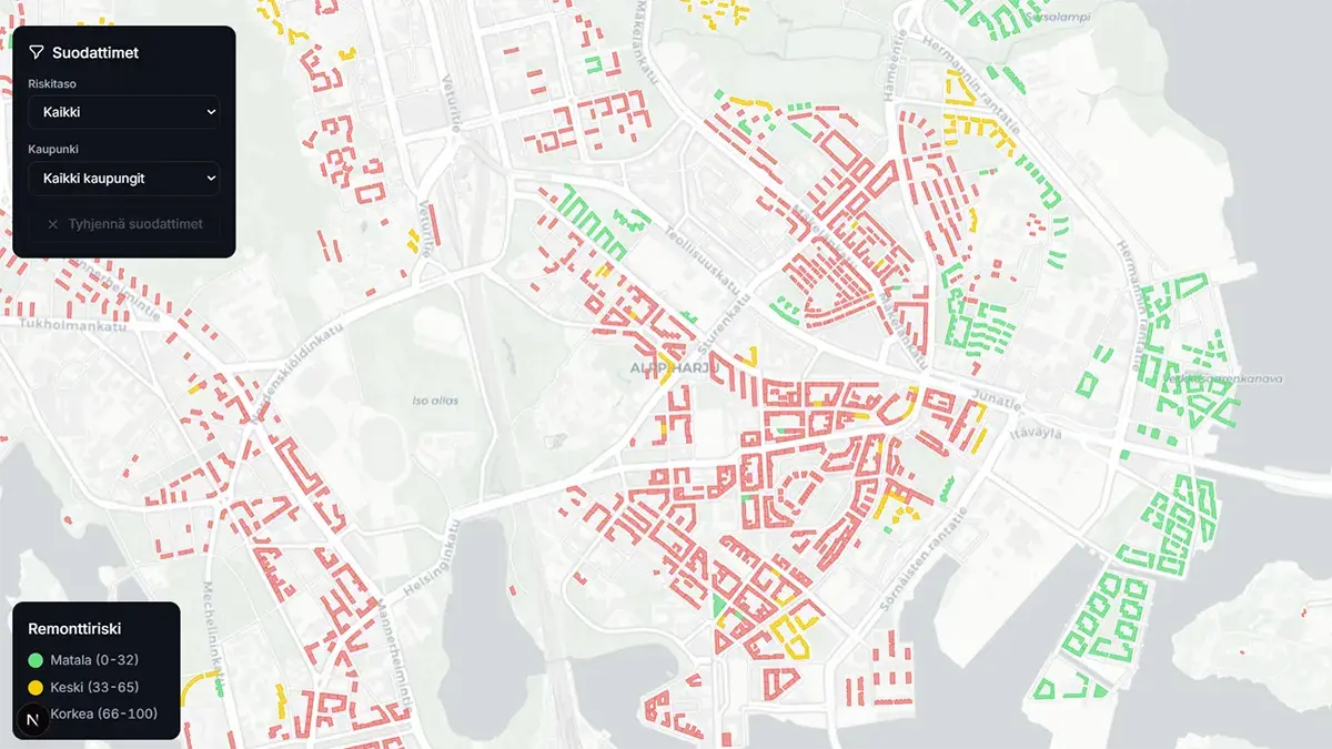Karttanäkymä - rakennukset värikoodattuna riskitason mukaan
